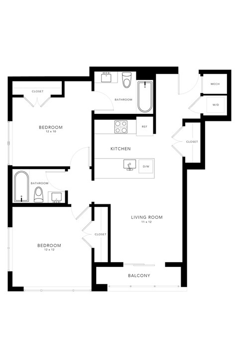 Floor plan for 2 beds, 2 baths, 784 sqft